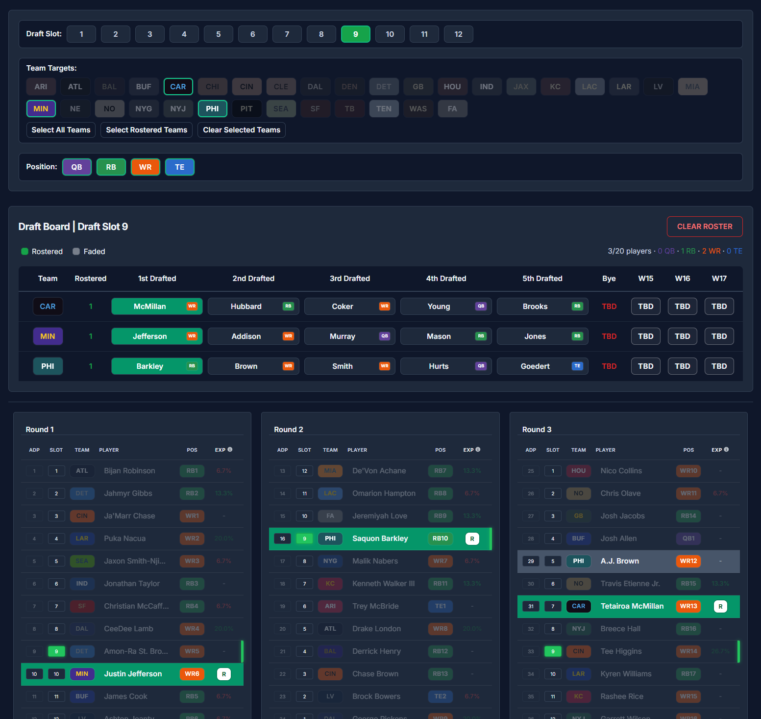 Screenshot of the Best Ball Team Builder tool