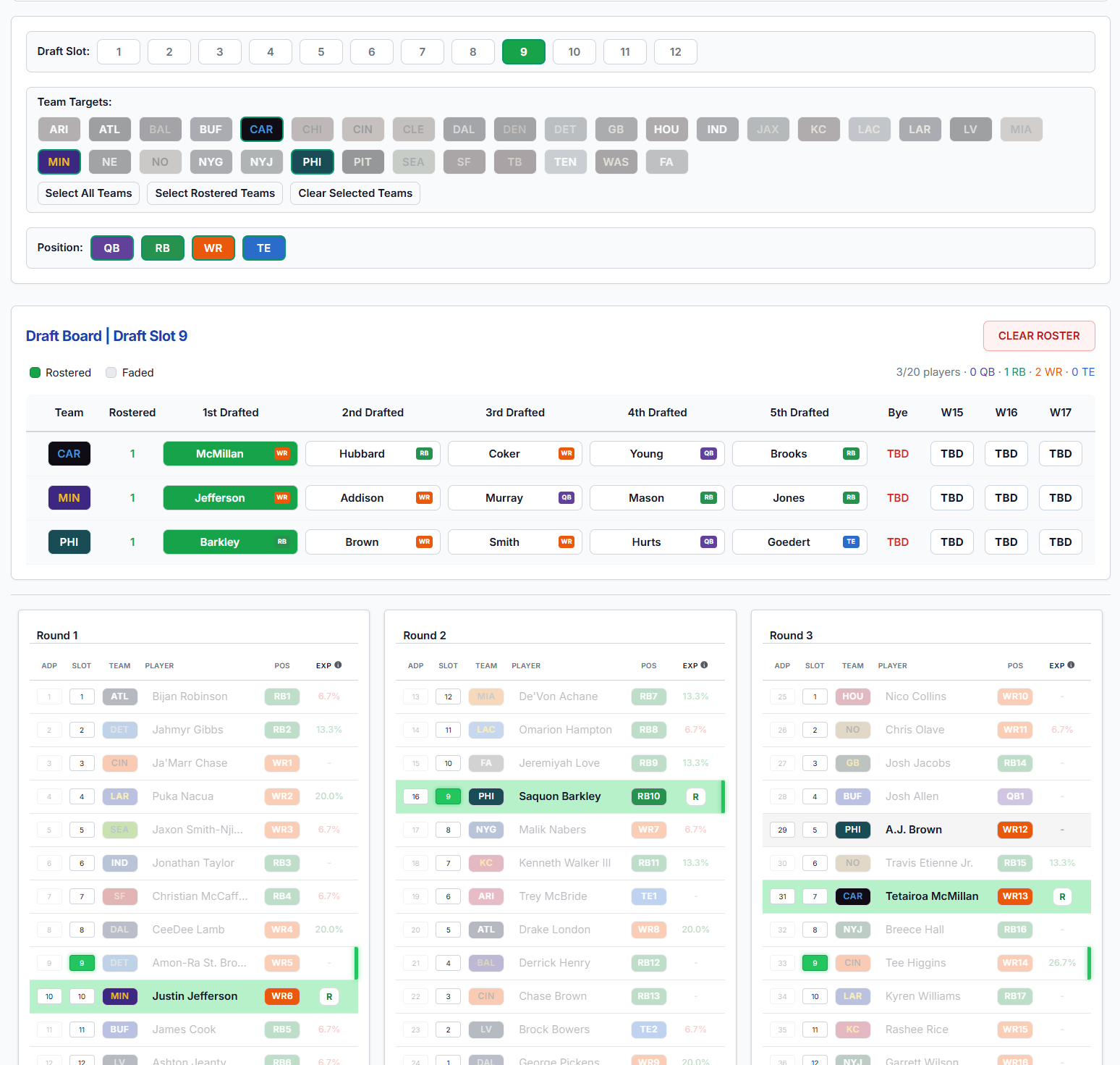 Screenshot of the Best Ball Team Builder tool